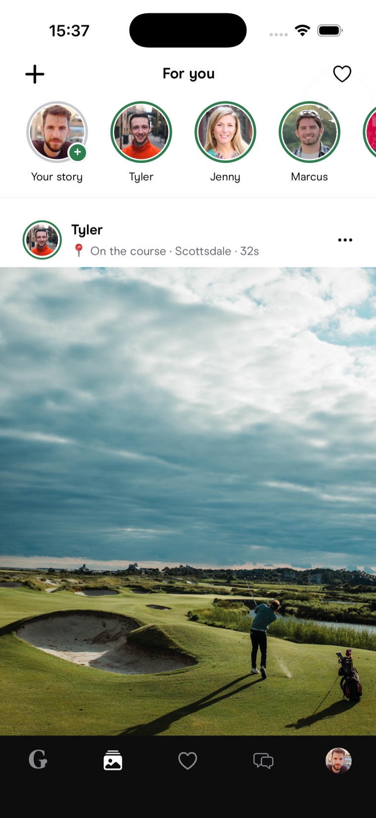 The Clubhouse feed: the stories rail and a photo post from the course