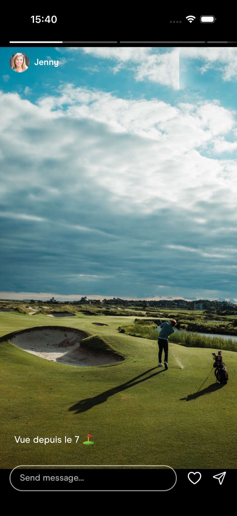 A full-screen story: the view from hole 7, with a reply bar